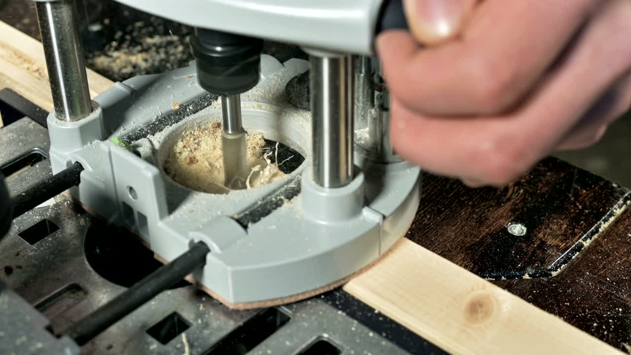 가정 작업실에서 수동 전기 절단기로 작업하는 목수의 손의 클로즈업입니다.