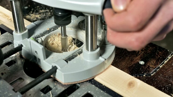 Primo piano della mano di un falegname che lavora con una fresatrice elettrica manuale in un laboratorio domestico