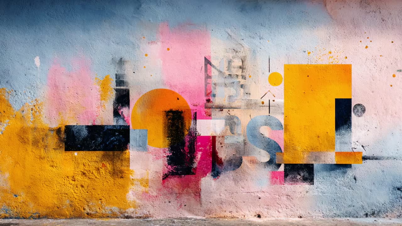 Vibrant Urban Wall Art Featuring Abstract Patterns and Colors, Showcasing a Blend of Shapes and Textures That Create a Dynamic Visual Composition in Modern Street Art Aesthetic