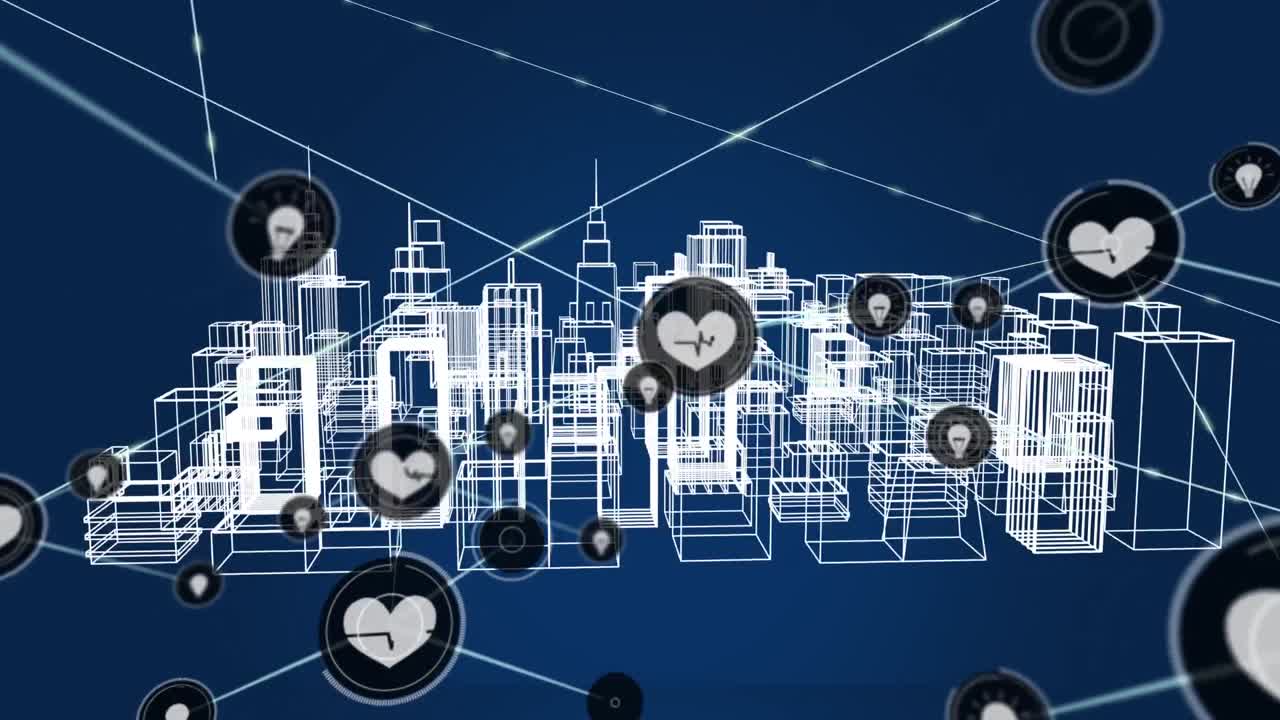 디지털 움직이는 심장 및 빛 아이콘의 애니메이션 회전하는 건물 위의 선으로 상호 연결