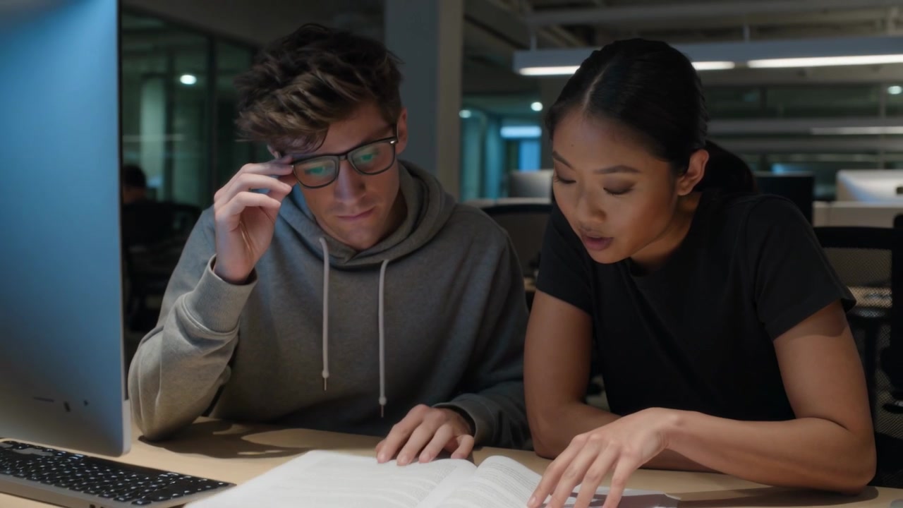 Opening binder, two workers in office turning pages, hoodie one and dark top other finding details