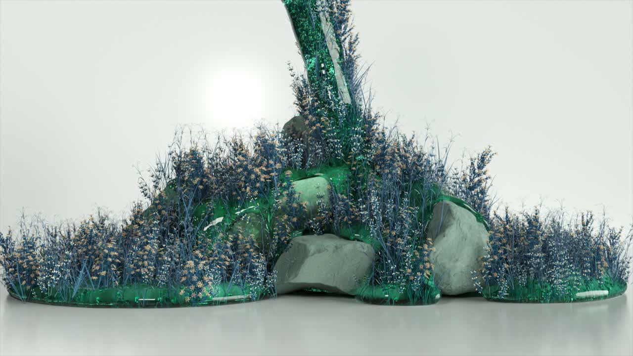 녹색 액체, 식물, 암석의 추상적인 구성