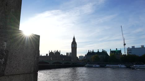 sunlight over thames river with big ben and parliament in view on a clear day in london