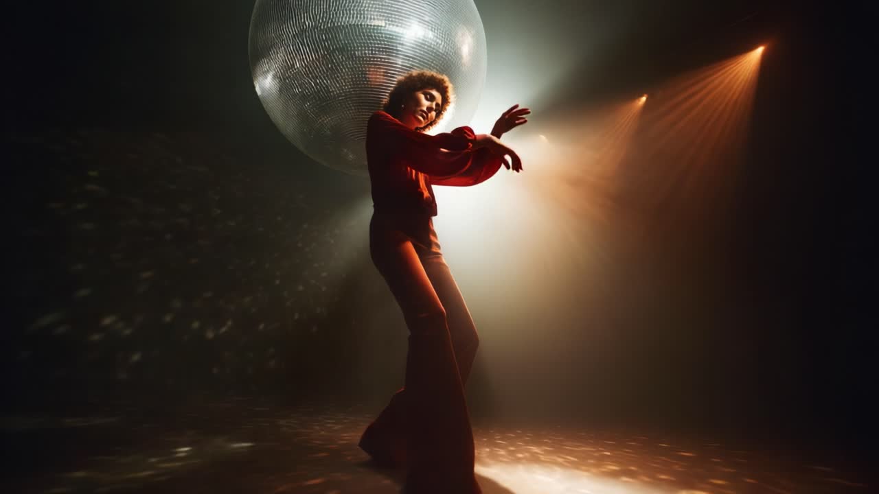 A captivating dancer performs a stunning routine under sparkling lights, showcasing fluid movements and expressive energy, all while bathed in the glow of a shimmering disco ball, evoking a sense of rhythm and celebration