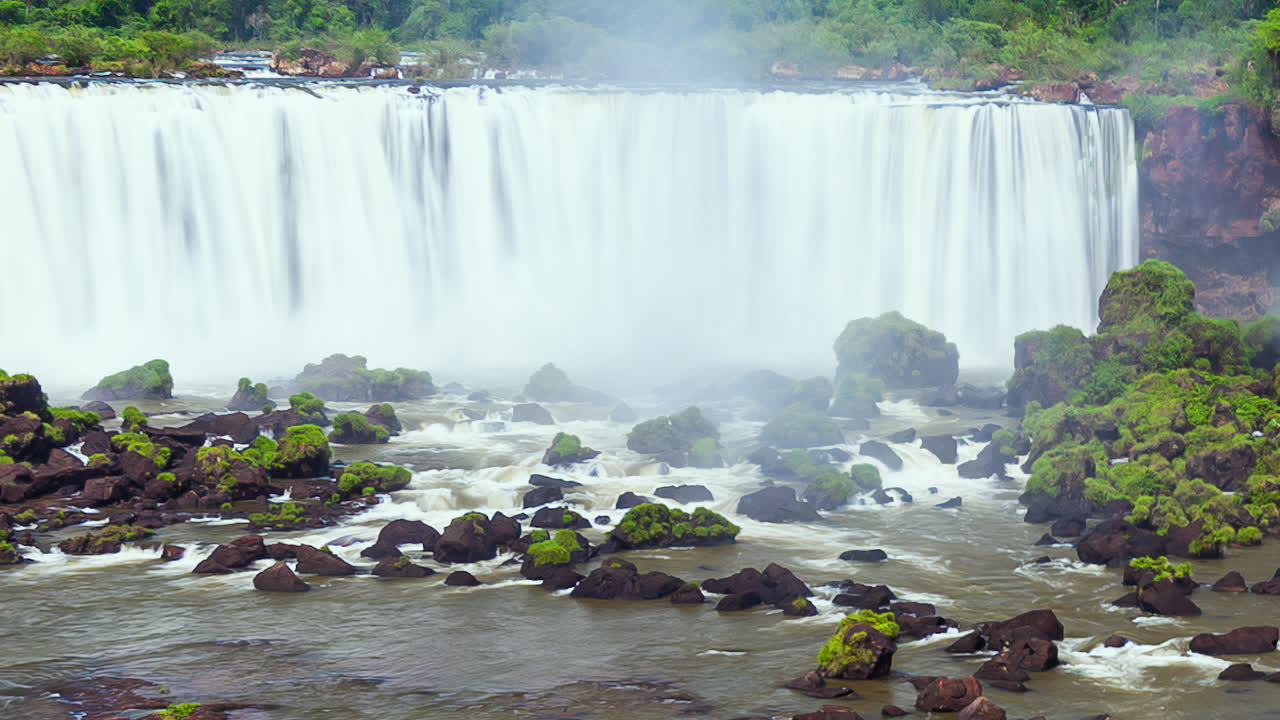 el lapso de tiempo de las cascadas de iguazu alrededor de una gran área verde, en un día soleado, foz do iguacu, parana, brasil