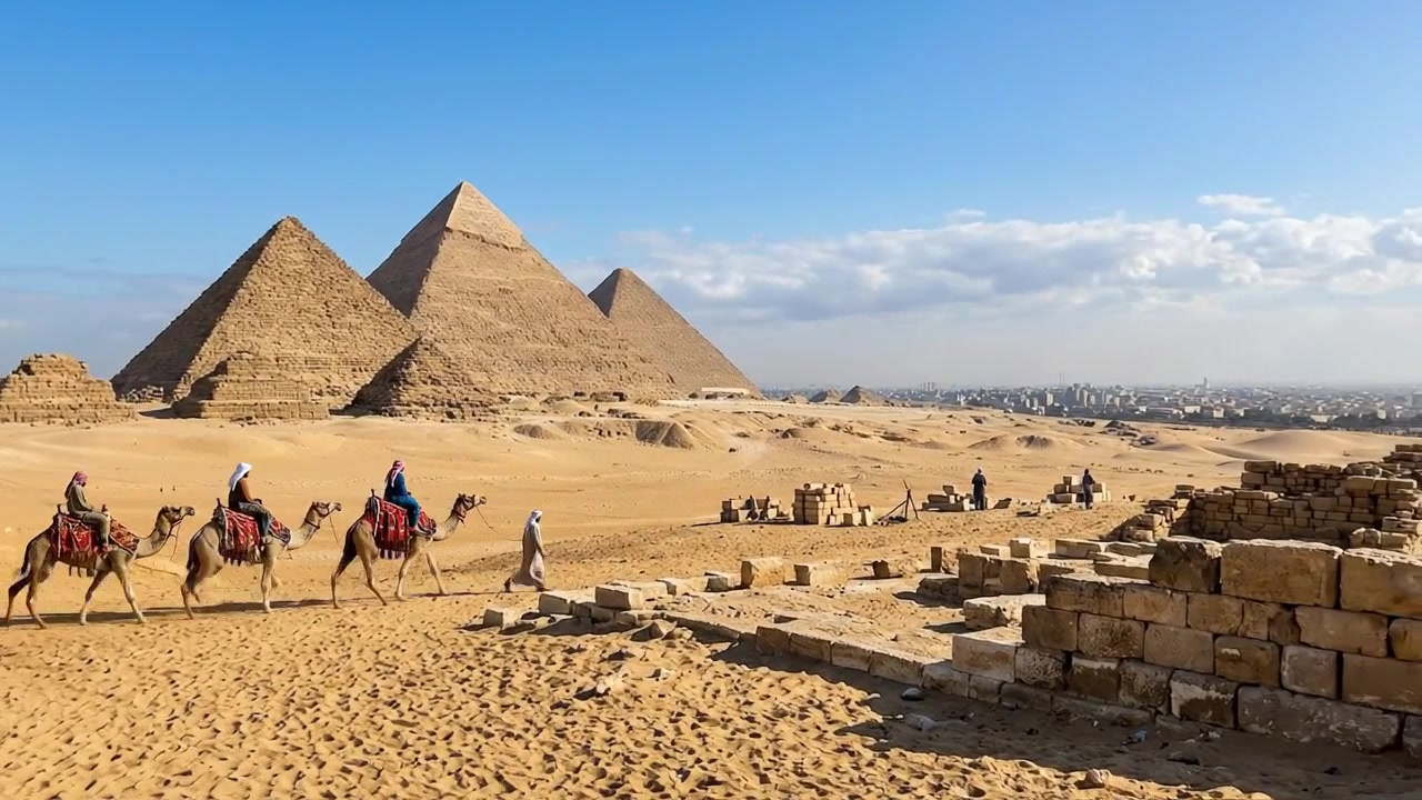 Touristen besuchen eine antike Pyramidenlandschaft während eines Wüstenreiseabenteuers