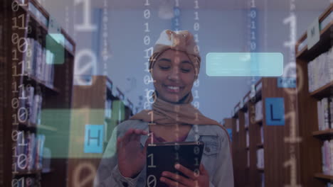 Animation-of-ai-text-and-data-over-biracial-female-student-in-hijab-with-tablet