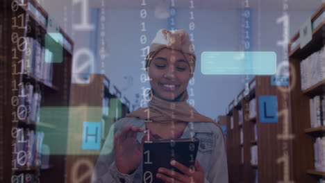 animación de un texto y datos sobre una estudiante biracial en hijab con una tableta