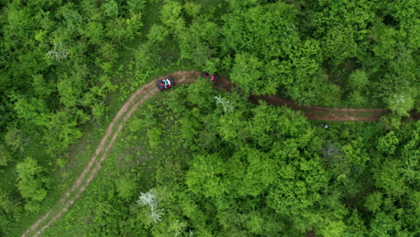 quad bikers ride through lika region forest, aerial top down view, croatia