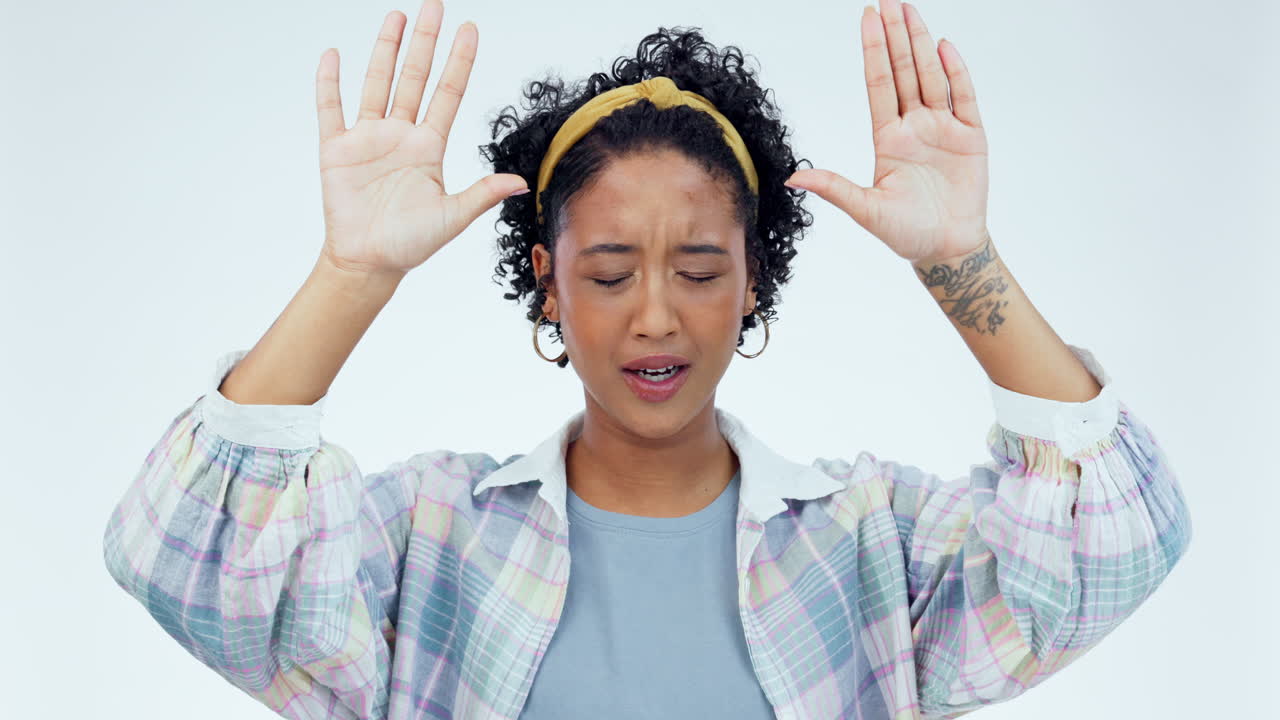 Hands, praying and woman in studio for worship