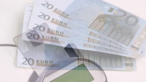 animation of euro banknotes falling over payment terminal