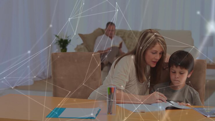 Animazione di bambini in un'aula su elaborazione dati sullo sfondo