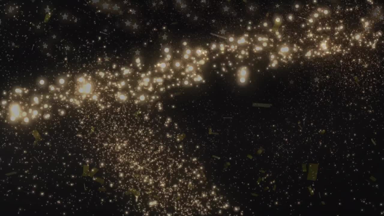 animazione di stelle cadenti, confetti che cadono e punti luminosi che si muovono su sfondo nero