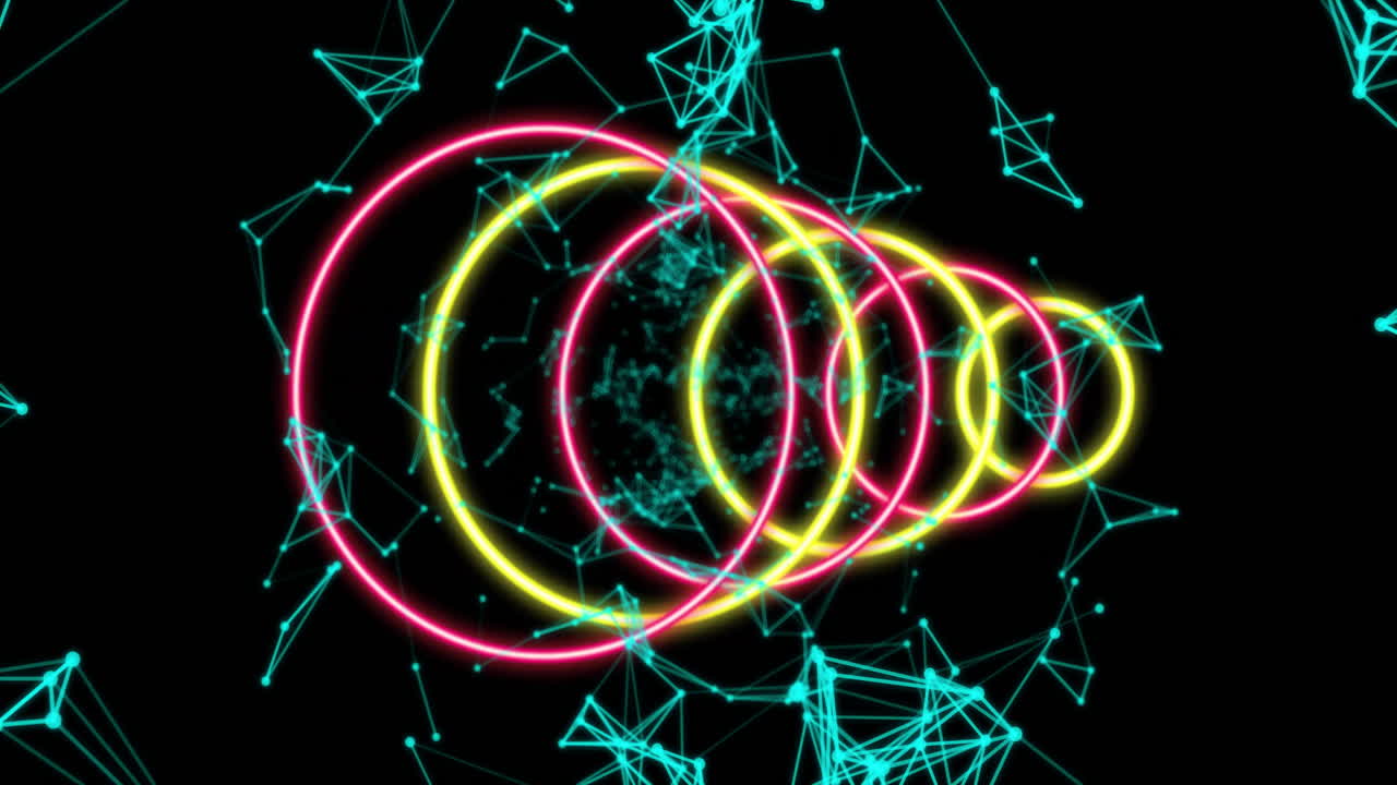 Neon circles and geometric patterns forming dynamic digital network animation