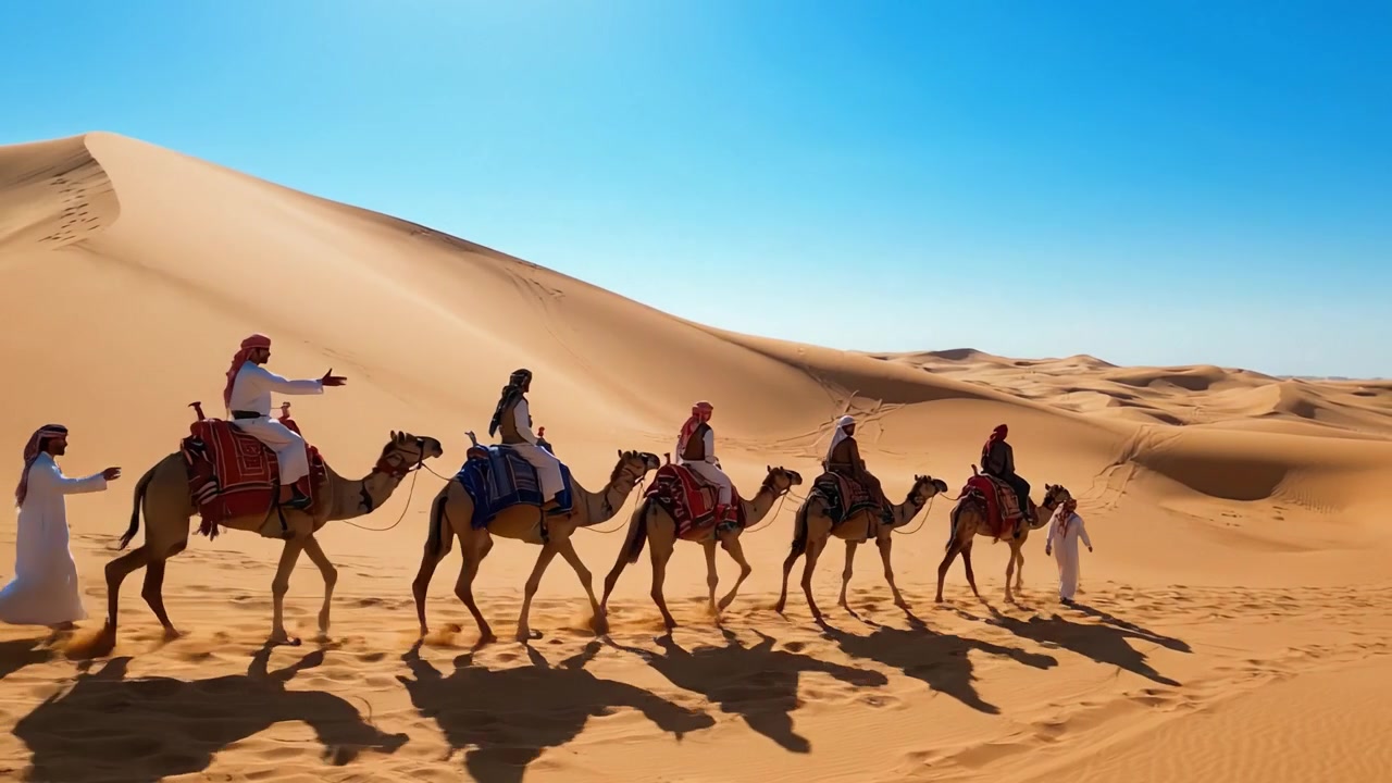 Un viaggio in carovana attraverso le maestose sabbie: Una spedizione di cammelli e viaggiatori che attraversa il mozzafiato paesaggio desertico sotto un cielo azzurro e limpido.