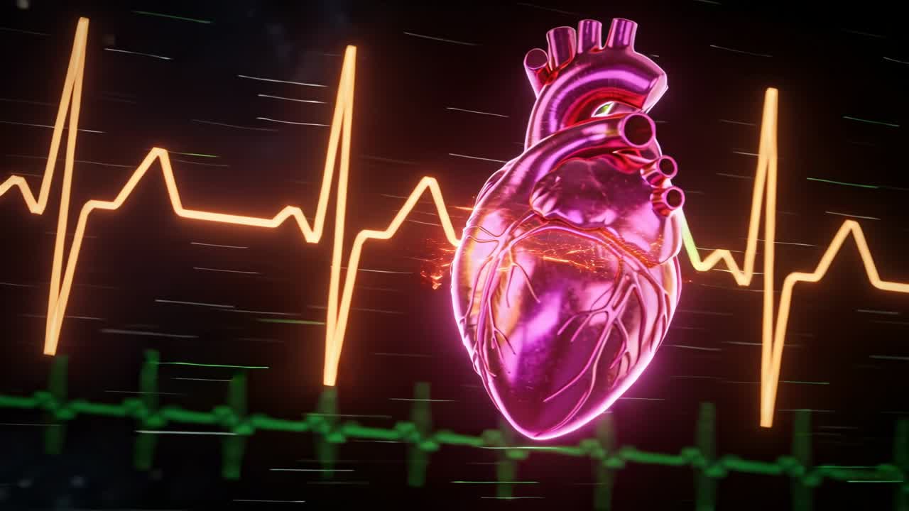 Glossy heart floating, turning in medical display, ECG waveform pulsing behind for cardiac analysis