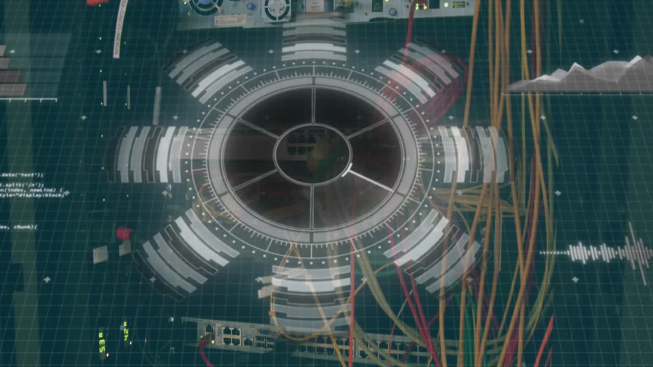 Animation of round scanner and data processing over close up of a motherboard