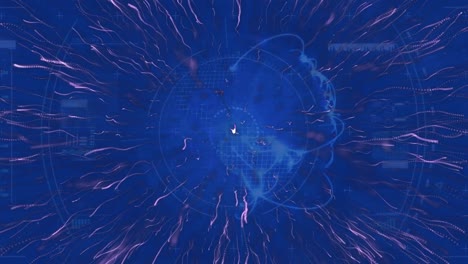 Animation-of-light-trails-moving-over-globe-and-data-processing
