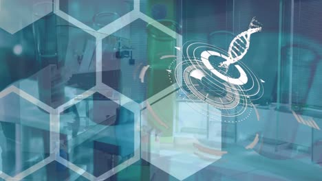 Animation-of-DNA-strand-spinning,-structural-formulae-of-chemical-compounds-with-scientific-data-pro