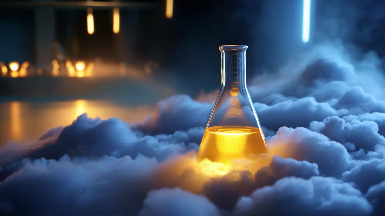 A captivating scene featuring a glass laboratory flask filled with a glowing yellow substance, surrounded by ethereal clouds, set against a backdrop illuminated by soft blue and warm ambient lights