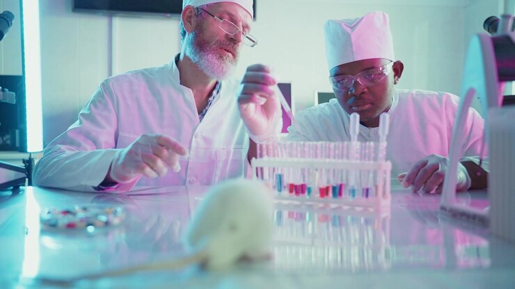 Scienziati che conducono ricerche di laboratorio con un ratto da laboratorio