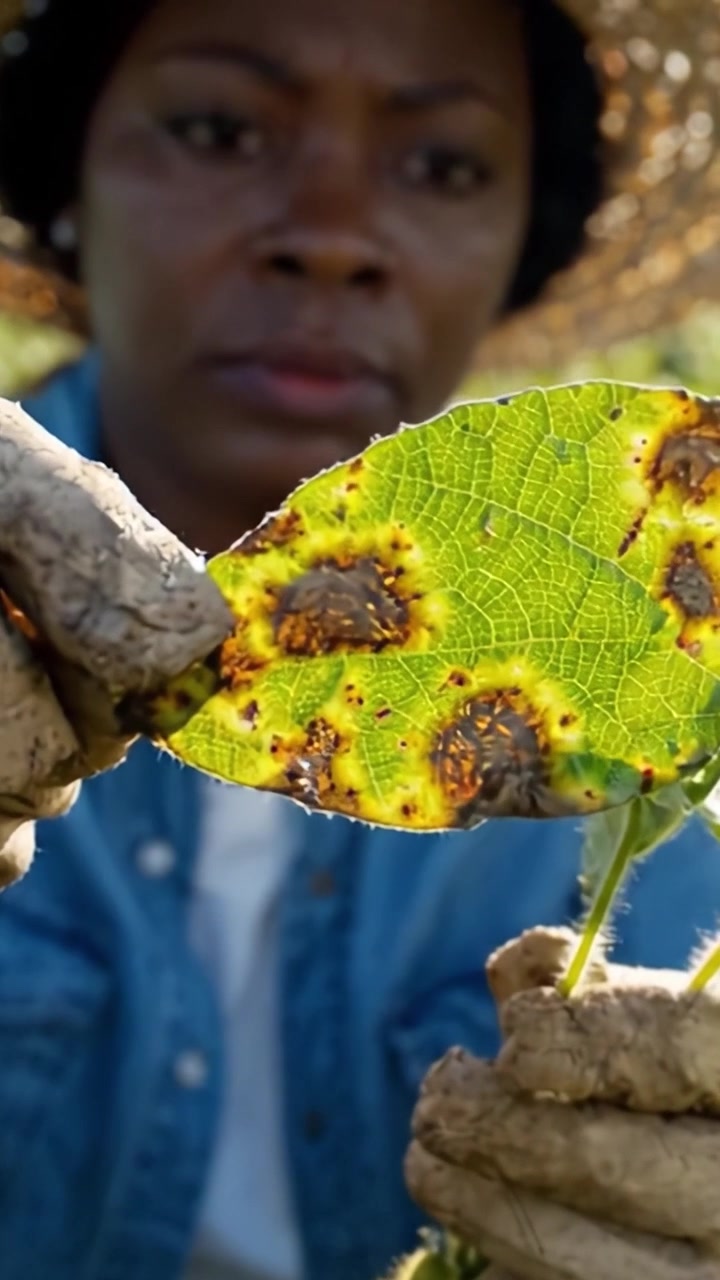 Agricoltore attento esamina le foglie per indicatori di salute e parassiti in rigogliosi campi verdi sotto un cielo azzurro e limpido.