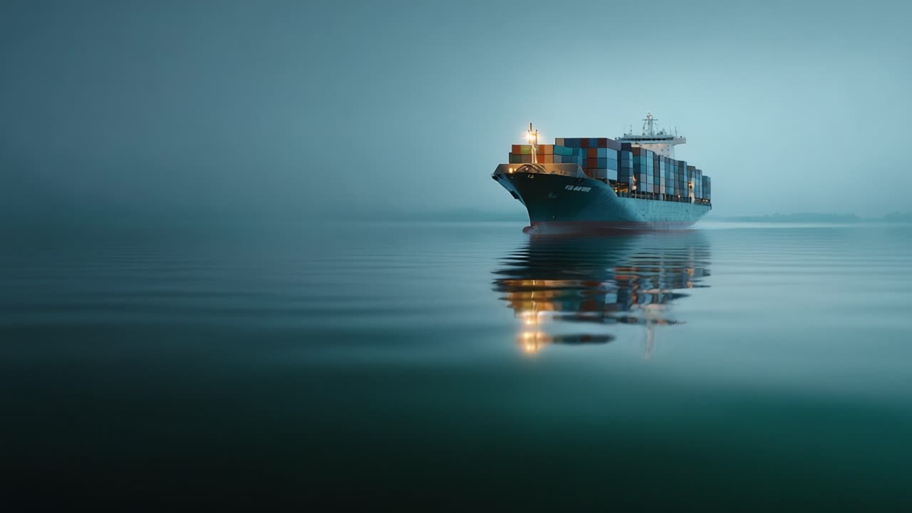 A Majestic Container Ship Navigating Through Calm Waters in the Early Morning Fog, Reflecting Its Colors on the Still Surface of the Water