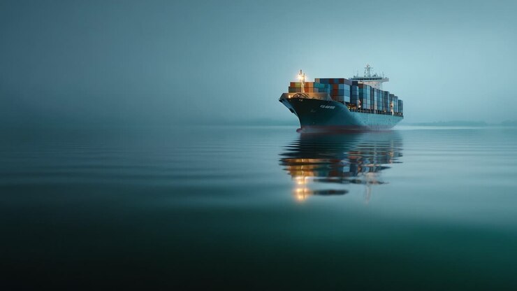 A Majestic Container Ship Navigating Through Calm Waters in the Early Morning Fog, Reflecting Its Colors on the Still Surface of the Water