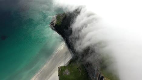 wide downward angle drone footage vaeroy - a part of lofoten islands in norway