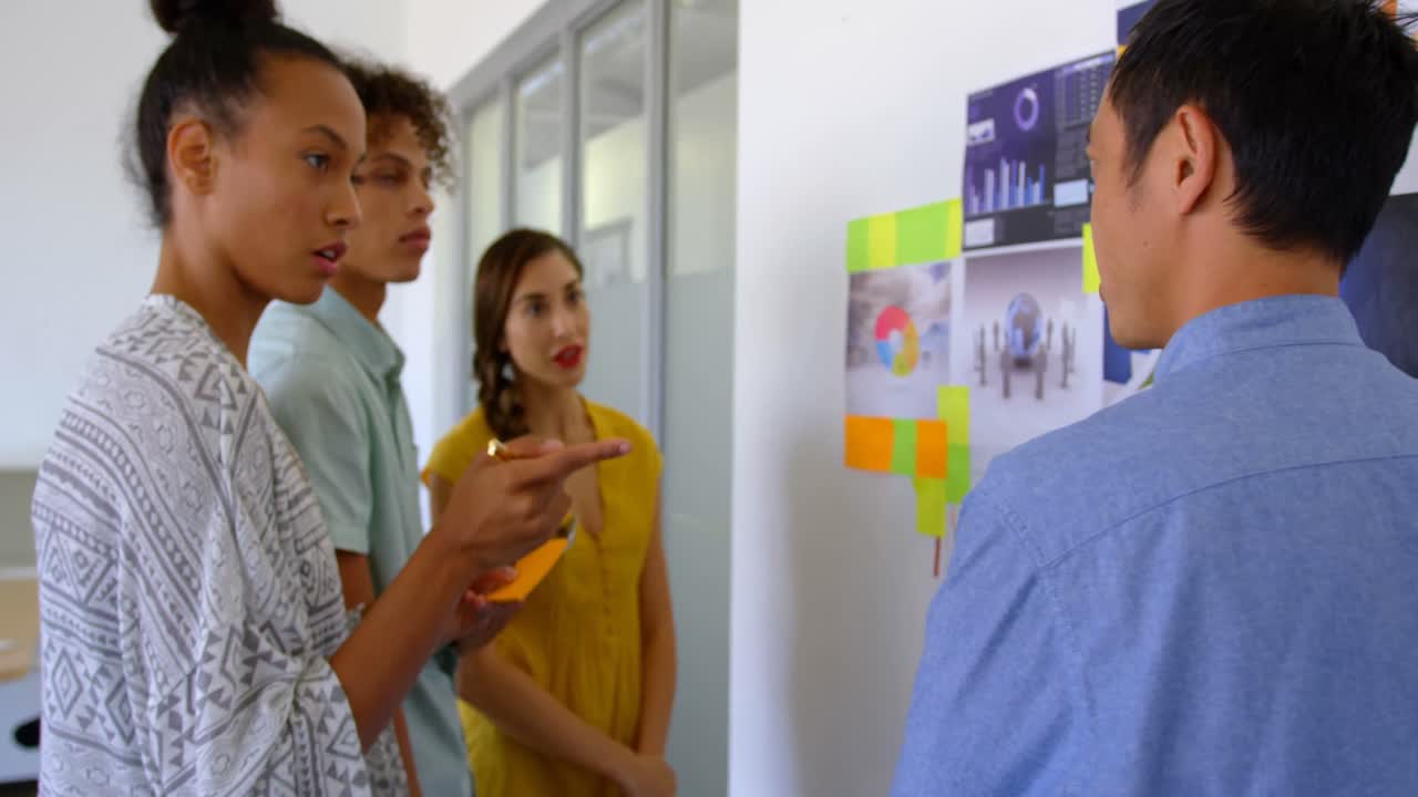 Colleghi d'affari multietnici che discutono su grafici e post-it in un ufficio moderno in 4K