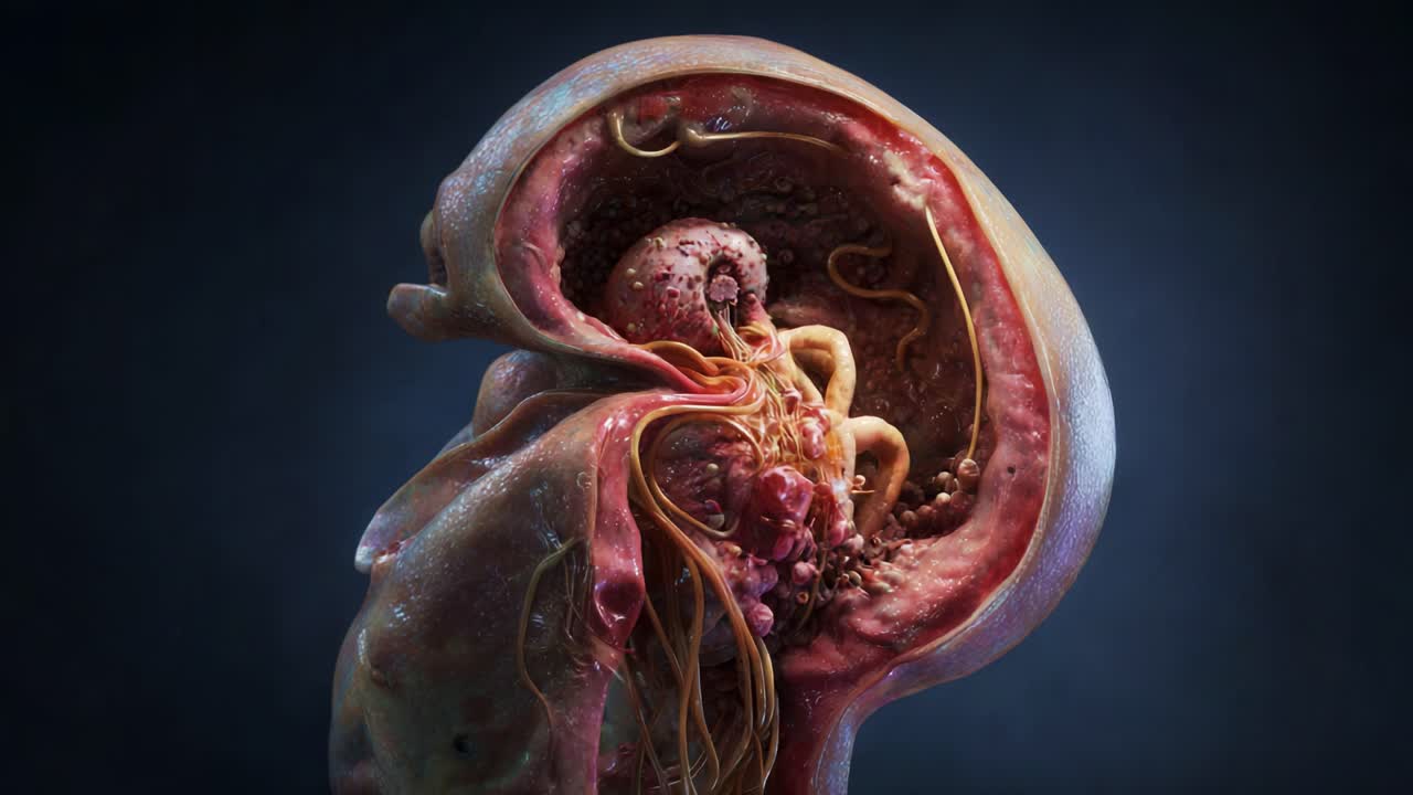 A detailed exploration of the intricate structures and biological forms within a human-like organism, revealing an artistic representation of life at its most foundational stage