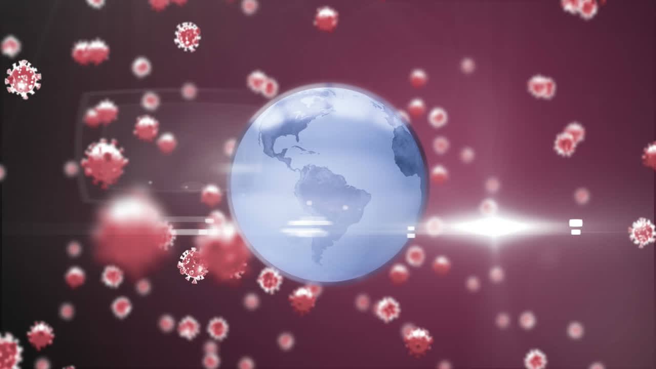 Animation of covid-19 cells floating over spinning globe against light spot on pink background