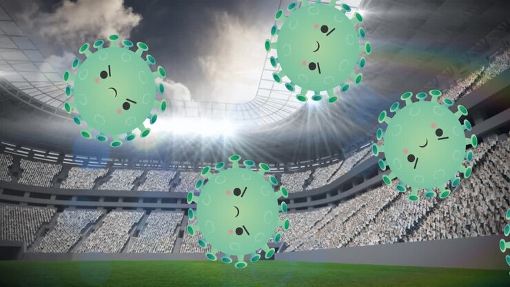 Animazione di cellule COVID-19 su stadio sportivo