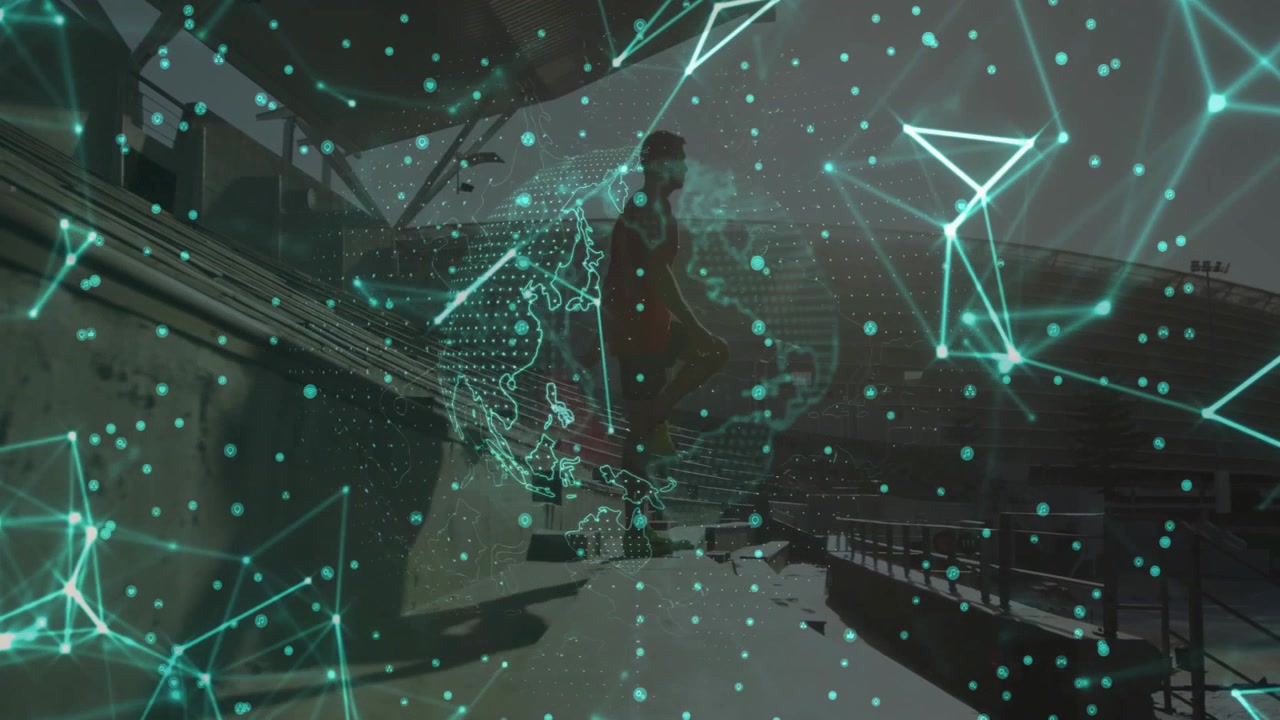 Man stepping onto walkway, spawning teal nodes forming rotating tech globe visualizing connectivity