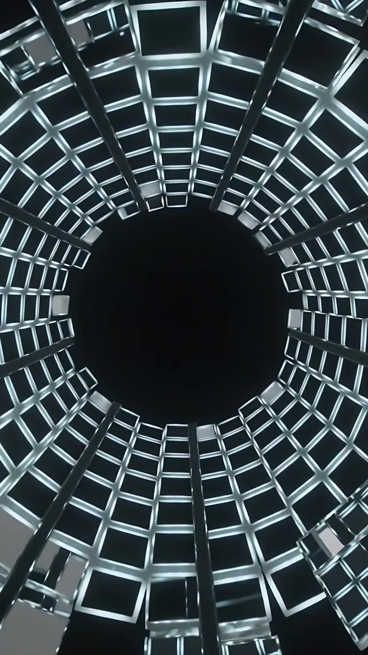 Video verticale: Luce in movimento, reticolo quadrato e cubi che si muovono verso l'interno nel vuoto di un tunnel.