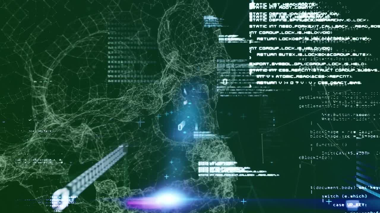 Animation of data processing and light spots over network of connections against green background