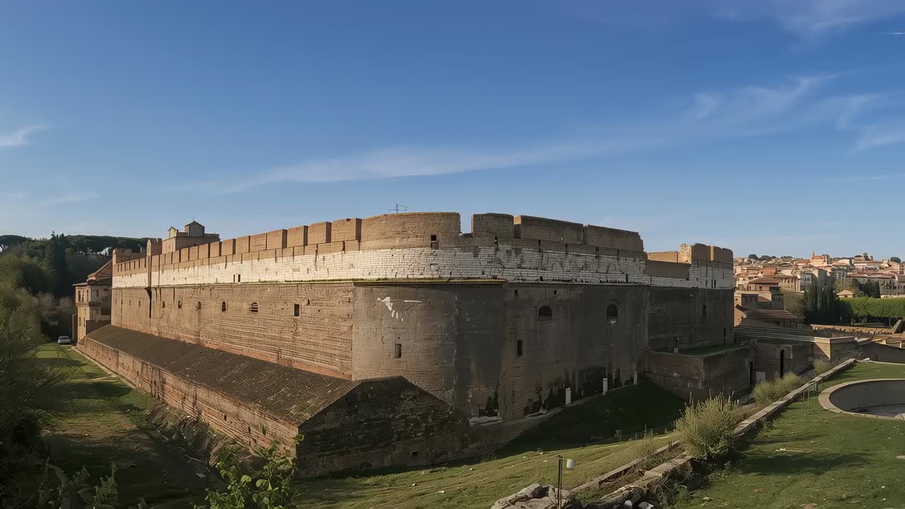 Pulling back drone under operator control, revealing stone fortress in park, showing pond, town