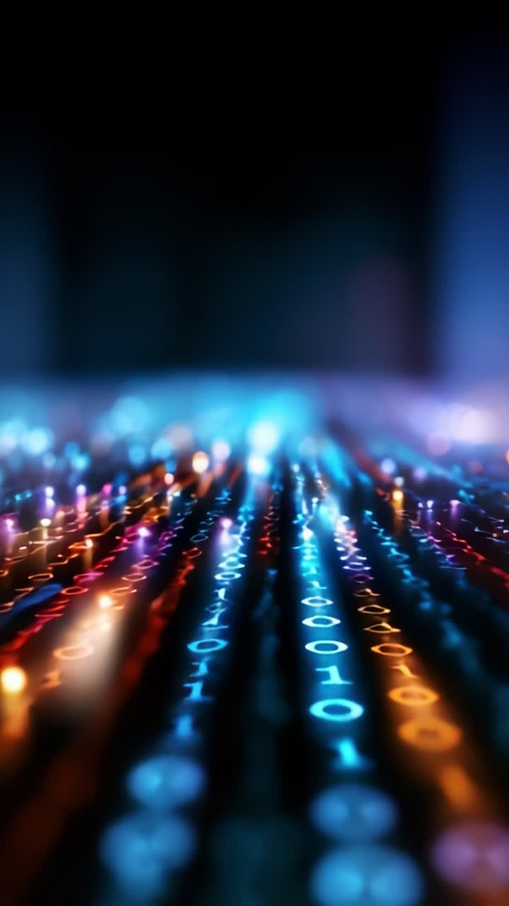 Vibrant Stream of Binary Code with a Blend of Colors Flowing in an Abstract Digital Landscape Representing Data Transfer and Information Processing