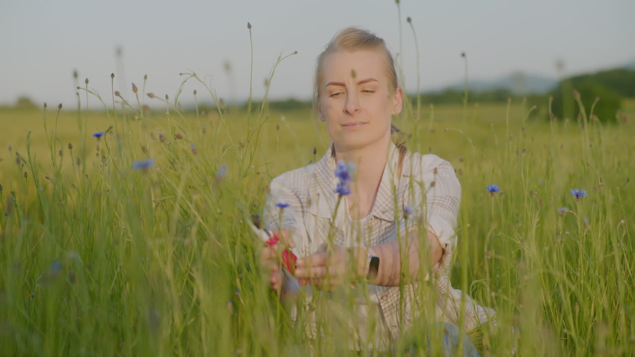 mujer feliz preparando un ramo de flores de maíz azules en el prado