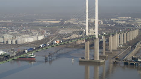 aerial view of the qe2 dartford crossing on the river thames, kent - essex england, looking towards thurrock