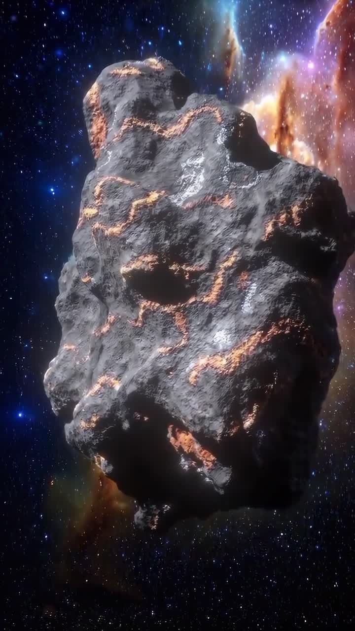Video ravvicinato di un asteroide testurizzato nello spazio, con uno sfondo di nebulosa cosmica