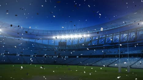 sports stadium with blue and white confetti falling