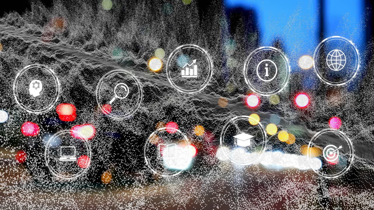 Animation of white spots and media icons over cityscape