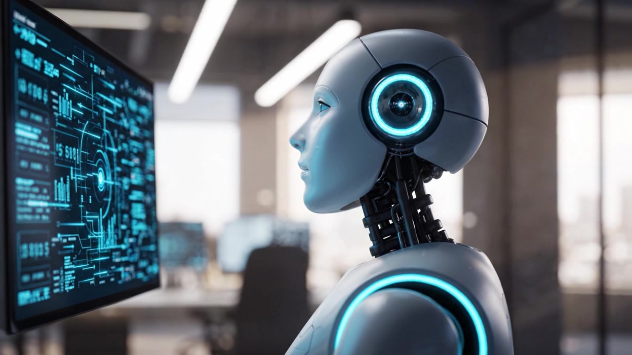 A Futuristic Robot with a Blue-Illuminated Headset Analyzing Data on a Computer Screen in a Modern Tech Office Environment