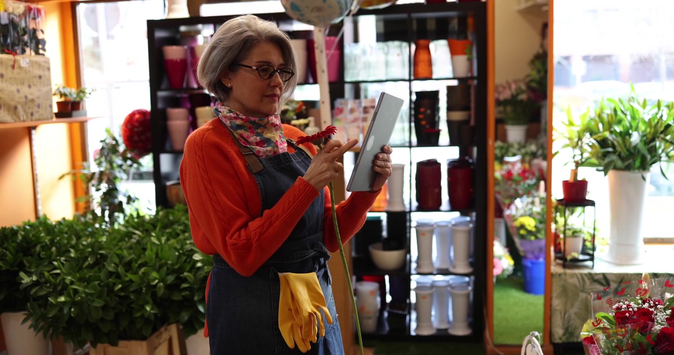 Fiorista che utilizza un tablet digitale per gestire l'inventario dei fiori nel negozio