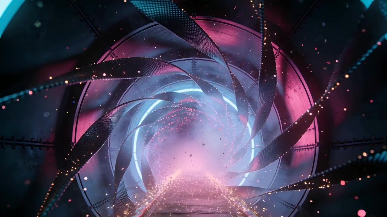 Activating portal rim twisting metal ribbons and drawing particles to power vortex in metal shaft