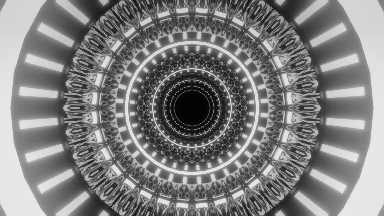 Pulsating and rotating circles opening in an infinite loop, black and white 3d cgi rendered animation