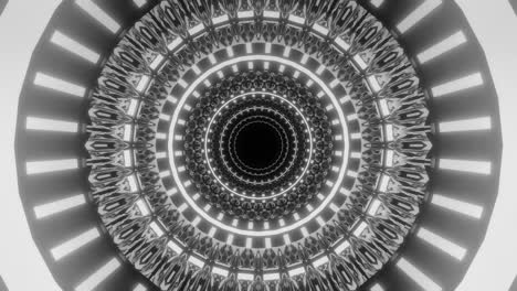 Pulsating-and-rotating-circles-opening-in-an-infinite-loop,-black-and-white-3d-cgi-rendered-animation