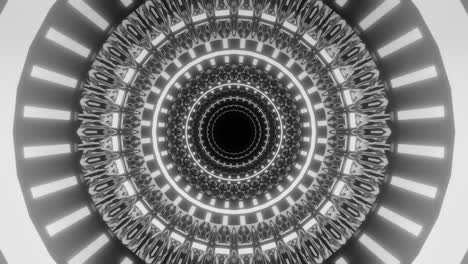 círculos pulsantes y giratorios que se abren en un bucle infinito, animación cgi 3d en blanco y negro
