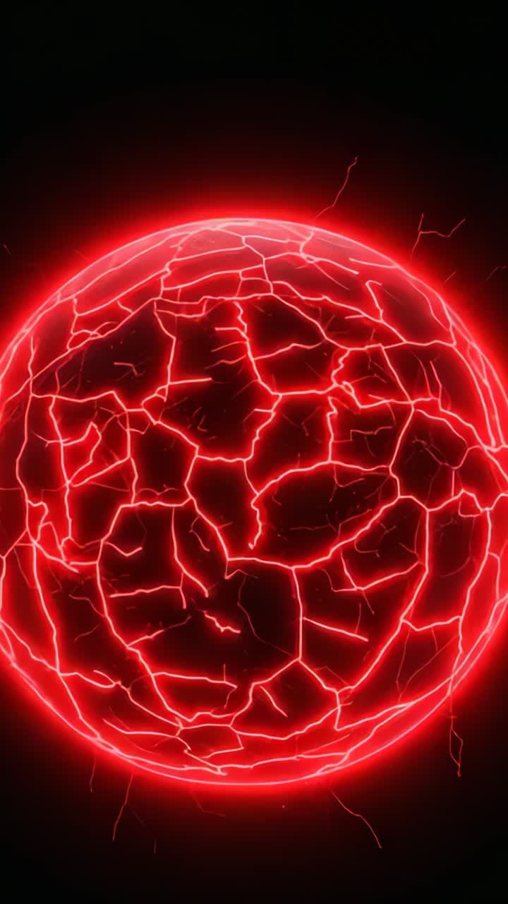 Vertical video: Faint veins deepening on glowing red sphere in black void, activating arcs sparking